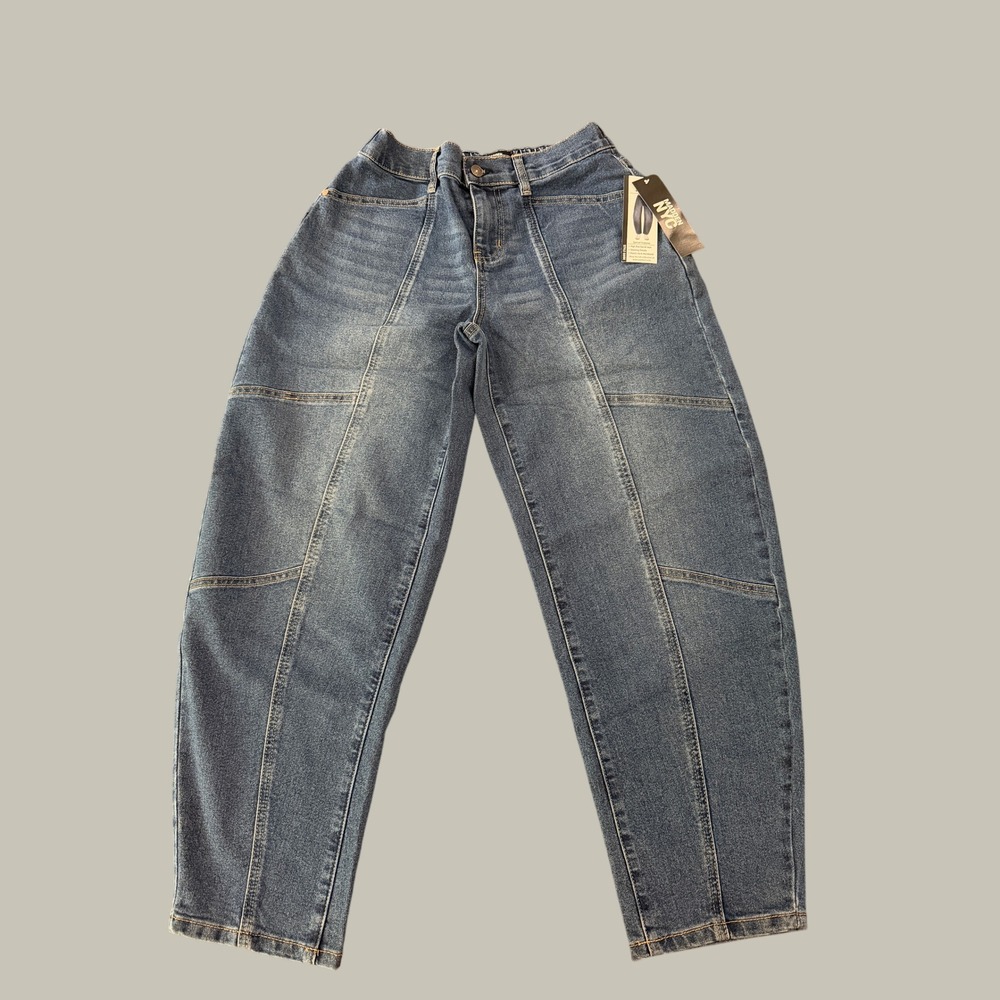 Madden NYC Barrel Jeans Women M Blue High Rise Elastic Back Seaming Denim